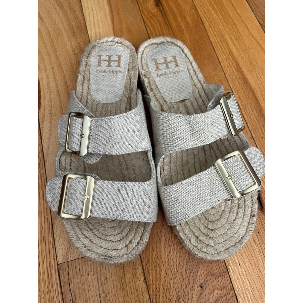 Haute Hippie Beige Sandals‎ With Gold Buckles Size 8